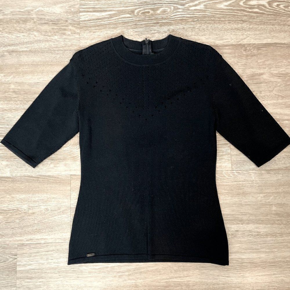 Nisse Women's Black Crew Neck Back Zip Short Sleeve Sweater Top Size Large